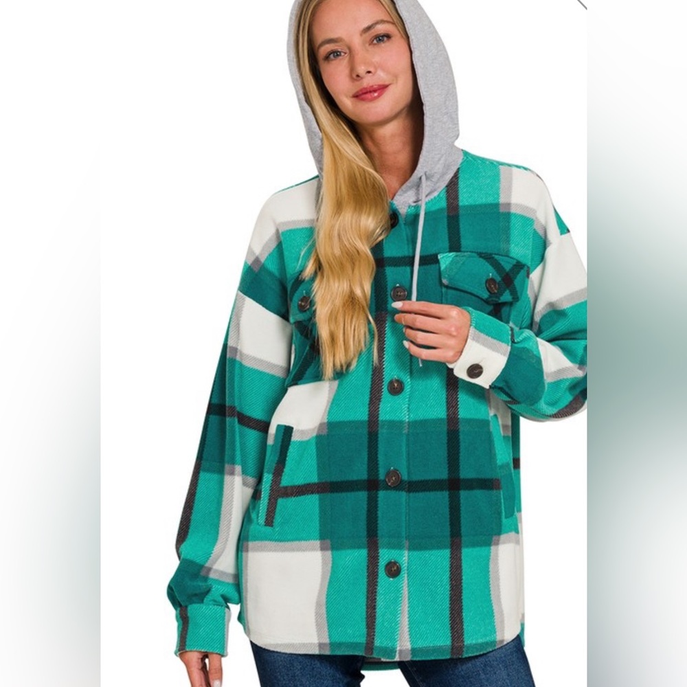 Hooded fleece teal plaid shacket!